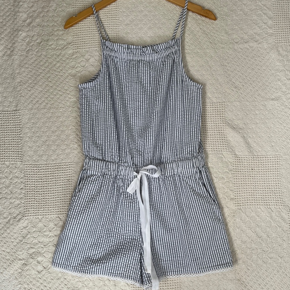 LOFT Beach Navy and White Striped Romper